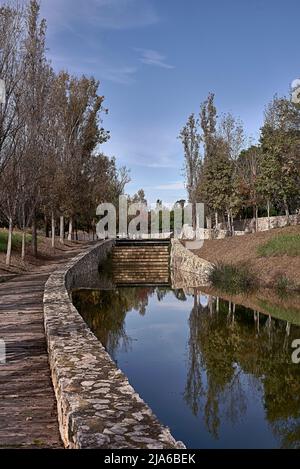 Canale d'acqua tranquillo in un parco con alberi. Riflessi, scale, sentiero in legno, autunns, cielo azzurro e soleggiato. Foto Stock
