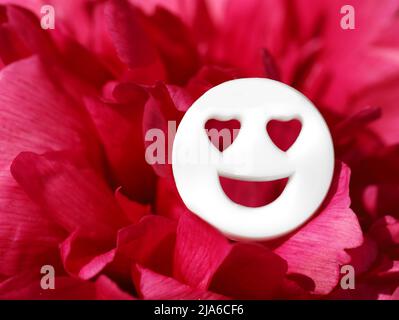 Viso bianco sorridente con occhi di cuore in petali di rosa rossa, immagine di concetto per giorno valentine o essere innamorati Foto Stock