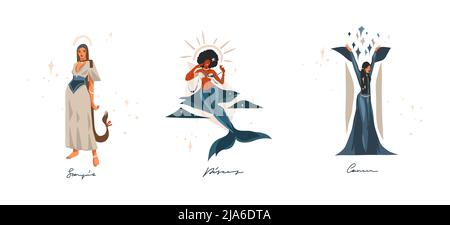 Disegno a mano vettore stock astratto illustrazioni grafiche con zodiaco astrologico contemporaneo Water insegne collezione set, bellezza magic caratteri femminili Illustrazione Vettoriale