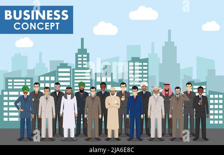 Gruppo di persone sullo sfondo con paesaggio urbano in stile piatto. Insieme di diversi uomini d'affari che si riuniscono. Diverse nazionalità e stili di abbigliamento Illustrazione Vettoriale