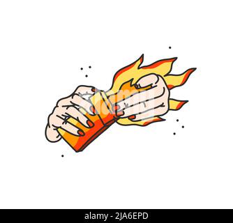 Disegno a mano vettore astratto disegno grafico piano stampa con retro, vintage moderne mani femminili con un pacchetto di sigarette in flame.Funky pop art Illustrazione Vettoriale