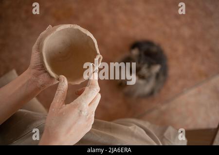 ceramica e laboratorio di arte creta concetto. primo piano sulle mani di una giovane donna ceramista con caraffa di argilla non cotta. mani di lavoro artigiano tenere Foto Stock