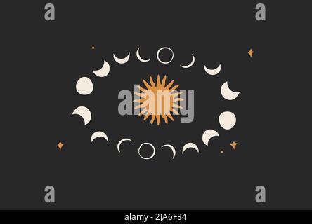 Disegno a mano vettoriale astratto stock disegno grafico piatto con elemento logo, astrologia bohémien magia arte minimalistica di fasi mistiche luna Illustrazione Vettoriale