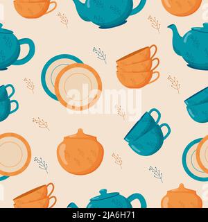 utensili da cucina in ceramica con disegno senza cuciture. Piatti in ceramica, tazze, ciotole, teiera, piatti carini fatti a mano. Utensili da cucina, ceramica Illustrazione Vettoriale