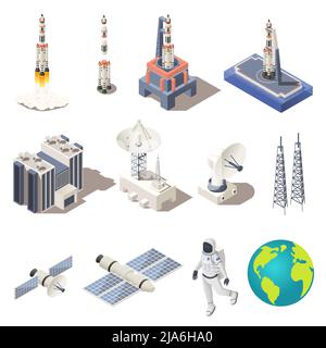 Ricerca spaziale icone isometriche insieme con razzo astronauta pianeta terra radar centro di comando isolato su sfondo bianco 3D illustrazione vettoriale Illustrazione Vettoriale