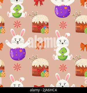 Torta di Pasqua con uova colorate e coniglietto pasquale senza cuciture. Vacanze di primavera. Buone uova di pasqua. Festa stagionale. Illustrazione Vettoriale