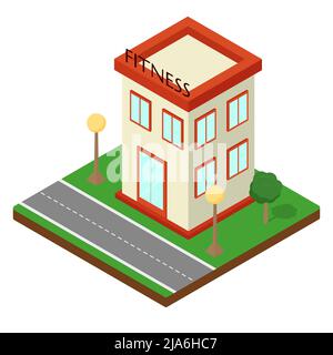 Moderno edificio isometrico. Centro fitness. Icona isometrica o elemento inforgrafico. Illustrazione vettoriale piatta Illustrazione Vettoriale