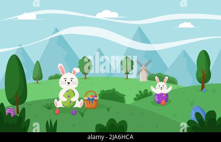 Buona Pasqua, paesaggio primaverile con simpatico coniglietto pasquale. Buone uova di pasqua. Striscioni di buona Pasqua, biglietti d'auguri, poster, copertine per le festività. Illustrazione Vettoriale