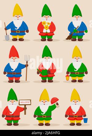 Set di simpatici gnomes. Gnomes giardino Illustrazione Vettoriale