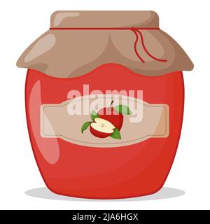 Vasetto di vetro di marmellata di mele rosse con coperchio chiuso. Carino illustrazione vettoriale Illustrazione Vettoriale