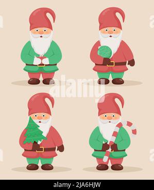 Set di simpatici gnomes. Personaggio di Natale e Capodanno. Illustrazione Vettoriale