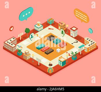 Gioco da tavolo isometrico che include edifici, una caffetteria, un centro fitness e la polizia. Concetto aziendale. Gioco con soldi e carte Illustrazione Vettoriale