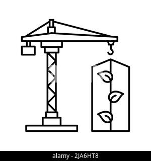 Edilizia rispettosa dell'ambiente. Icona della linea di costruzione ECO. Gru a torre e costruzione con foglie. Alloggiamento ecologico. Vivere in modo sostenibile. Illustrazione Vettoriale