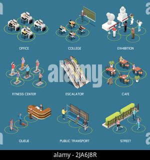 Social Distancing insieme isometrico di icone isolate con didascalie di testo e persone in vari luoghi pubblici illustrazione vettoriale Illustrazione Vettoriale