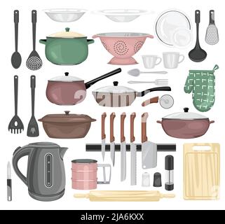 Set di colori della cucina di icone isolate con padelle pentole di cottura posate e varie immagini di utensili da cucina illustrazione vettoriale Illustrazione Vettoriale