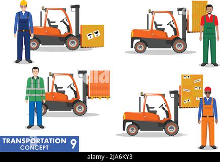 Illustrazione dettagliata di carrelli elevatori e mancie in stile piano su sfondo bianco. Illustrazione Vettoriale