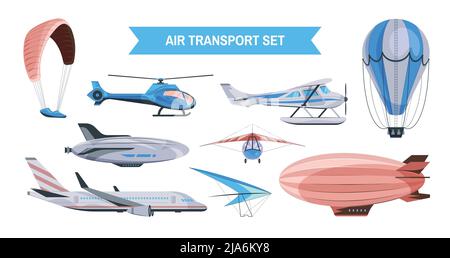 Icone a colori dell'illustrazione del vettore piatto del set di viste frontale e laterale dell'attrezzatura per il trasporto aereo Illustrazione Vettoriale