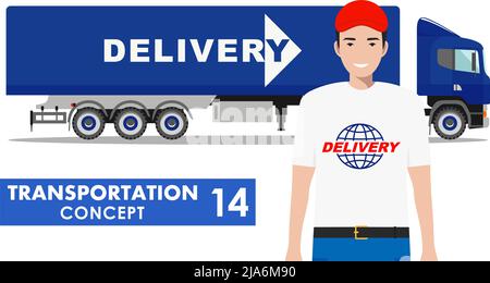 Illustrazione dettagliata del carrello e del conducente su sfondo bianco in stile piatto. Illustrazione Vettoriale