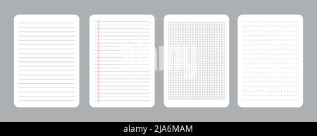 Set di immagini vettoriali realistiche di fogli di quadratura vuoti e carta rigata da un blocco isolato su un grigio sfondo Illustrazione Vettoriale