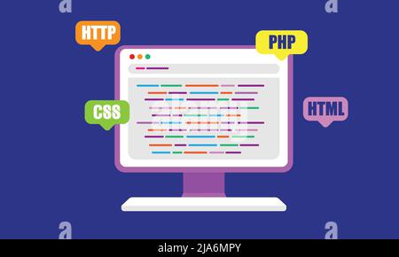 Concetto di sviluppo Web, programmazione e codifica. Notebook con schermi virtuali su sfondo bianco. Illustrazione isometrica del vettore. Illustrazione Vettoriale