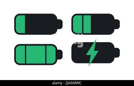 Icone nere isolate dell'indicatore del livello della batteria dello smartphone su sfondo bianco. Potenza di concetto, energia, bassa , piena, emplty, carico. Illustrazione Vettoriale