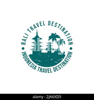 Cartello con logo Bali. Viaggio timbro gomma con il nome e la mappa dell'isola, illustrazione vettoriale. Può essere utilizzato come insegna, logotipo, etichetta, adesivo o badge. Illustrazione Vettoriale