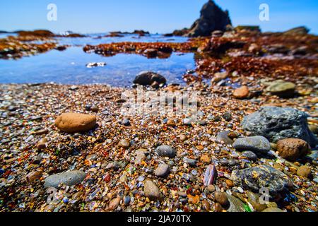 Glass Beach in California ricoperta da pezzi di vetro colorati e lucidi Foto Stock