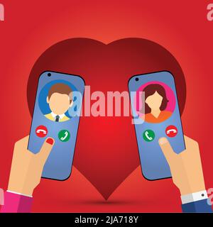 Mani di un uomo e di una donna che tengono due smartphone vicino a un cuore Illustrazione Vettoriale