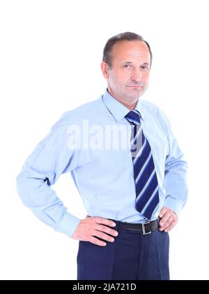 Ritratto di un vecchio uomo d'affari in abito isolato su sfondo bianco Foto Stock