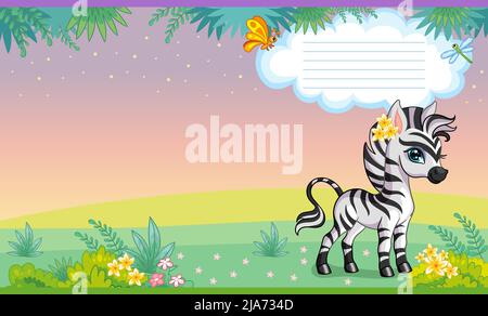 Copertina colorata con simpatica zebra di carattere in natura. Bambini sfondo cartoon. Illustrazione vettoriale. Copertina di due pagine per notebook, libri, desi Illustrazione Vettoriale
