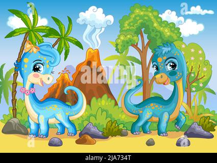 Colorata illustrazione orizzontale con simpatici dinosauri diplodocus in natura. Bambini sfondo cartoon. Illustrazione vettoriale. Per stampa, design, pubblicità Illustrazione Vettoriale