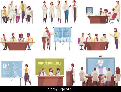 Icona della conferenza medica impostata con i medici intorno al tavolo ascoltare informazioni parlare e acquisire nuove conoscenze vettore illustrazione Illustrazione Vettoriale