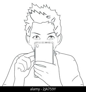 Il ragazzo sta parlando su un collegamento video o scattando una foto al telefono. Vettore, sfondo bianco Illustrazione Vettoriale