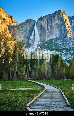 Il lungomare conduce attraverso il campo alle splendide cascate Upper Yosemite Falls all'alba Foto Stock