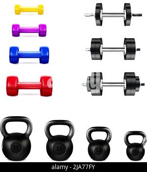 Set realistico di diverse attrezzature da palestra, tra cui manubri colorati Kettlebells in metallo e campane isolato illustrazione vettoriale Illustrazione Vettoriale