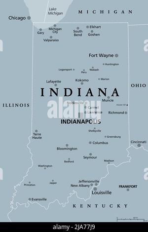 Indiana, IN, mappa politica grigia con la capitale Indianapolis, e le più importanti città, fiumi e laghi. Stato nella regione del Midwest. Foto Stock