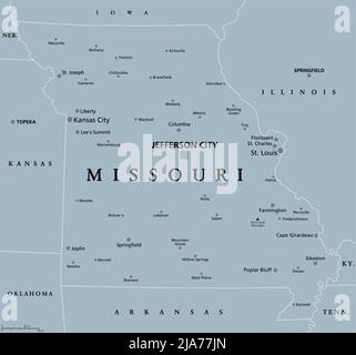 Missouri, MO, mappa politica grigia con la capitale Jefferson City, città più grandi, laghi e fiumi. Stato nella regione Midwest degli Stati Uniti. Foto Stock