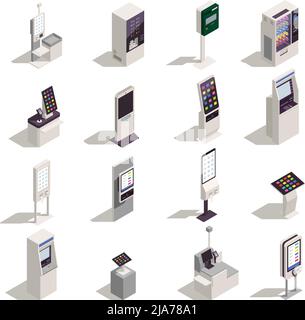 Icone isometriche impostate con interfacce di pannello informativo self-checkout atm food kiosk isolato su sfondo bianco 3D illustrazione vettoriale Illustrazione Vettoriale