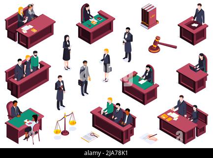 Legge di giustizia isometrica insieme di icone isolate personaggi umani dei partecipanti al processo tribunali in legno e documenti vettore Illustraion Illustrazione Vettoriale