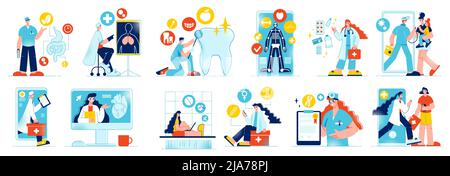 Set di medicina online con composizioni isolate di smartphone tablet personaggi di medici e pittogrammi medici icone illustrazione vettoriale Illustrazione Vettoriale