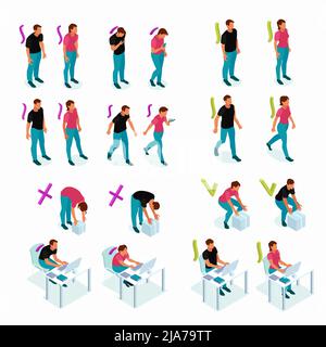 Mantenimento di un corretto e corretto allineamento delle parti del corpo rispetto a una cattiva postura esempi di illustrazione vettoriale del set isometrico Illustrazione Vettoriale