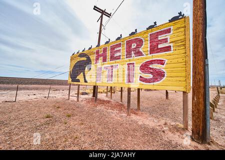 Annuncio per Jack Rabbit Trading Post sulla Route 66 che legge qui è Foto Stock