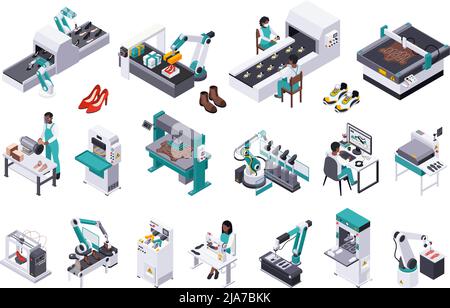 Produzione calzature composizione isometrica con icone isolate di impianti con operai e illustrazione vettoriale dei prodotti pronti Illustrazione Vettoriale