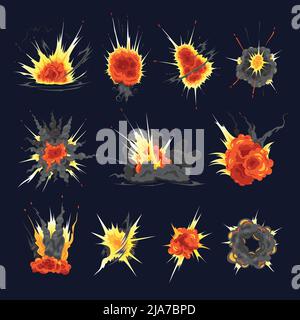 Spettacolari esplosioni atomiche bomba nucleare detriti fuoco bang nuvole forme colorate set su sfondo nero illustrazione vettoriale Illustrazione Vettoriale