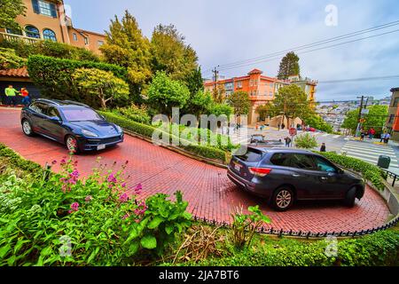 Auto che guidano su strada di mattoni ventosa conosciuta come Lombard Street a San Francisco Foto Stock