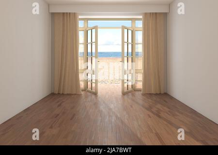 Camera Hotel vuota con Vista Mare. Interno con porta aperta che si affaccia sull'oceano, tende beige, sabbia gialla e nuvole. Pavimento in parquet scuro e parete in stucco bianco. Rendering 3D, Ultra HD 8K, 7680 x 5121 Foto Stock