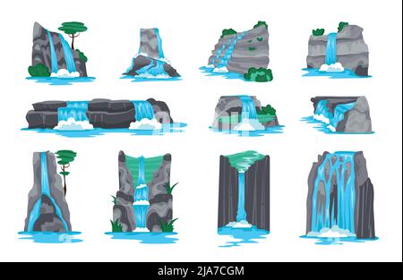 Cascata in montagna cartoon set di elementi decorativi per interfaccia video gioco isolato su sfondo bianco illustrazione vettoriale Illustrazione Vettoriale