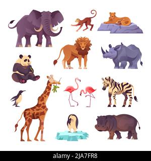 Insieme di animali provenienti da diversi continenti del pianeta raccolti nello zoo flat vettoriale illustrazione Illustrazione Vettoriale