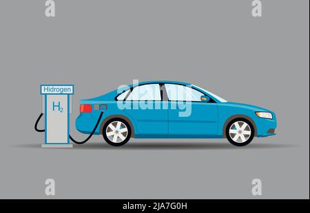 Rifornimento di carburante di un'autovettura blu in una stazione di ricarica a idrogeno. Illustrazione vettoriale piatta. Illustrazione Vettoriale