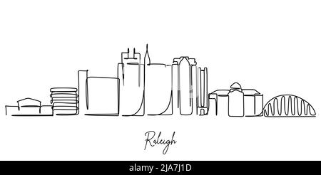Disegno continuo di Raleigh North Carolina City Skyline. Splendido punto di riferimento. Mondo paesaggio turismo viaggio vacanza poster stampa. Illustrazione Vettoriale